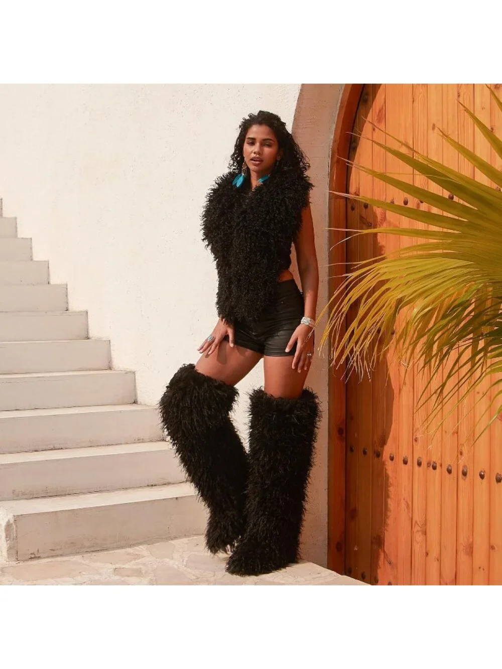 Women's Black Shaggy Faux Furry Fuzzy Fluffy Flat Knee-High Slouchy Snow Boot